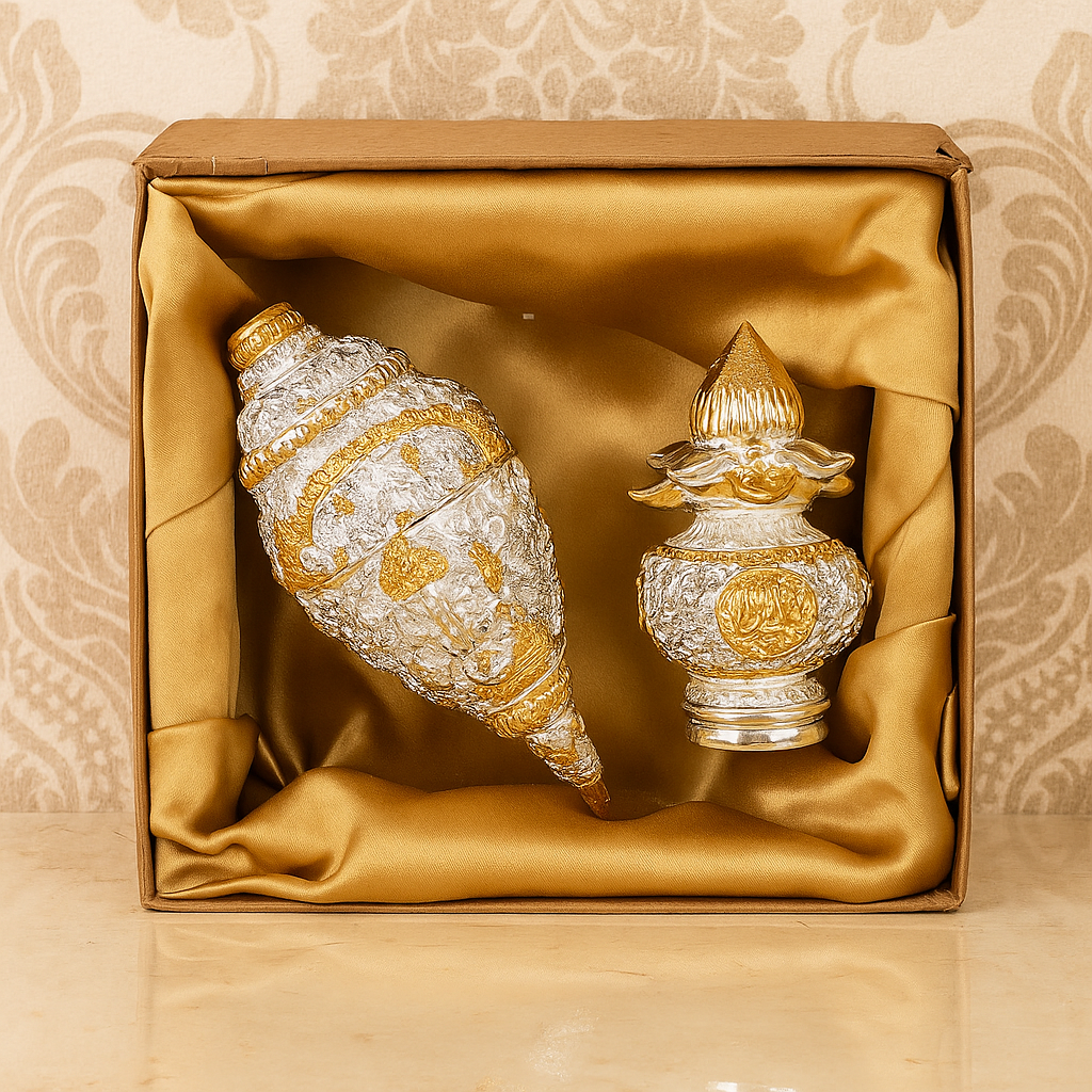 Silver-plated Shankh and Kalash set | Hindu pooja shankh kalash combo