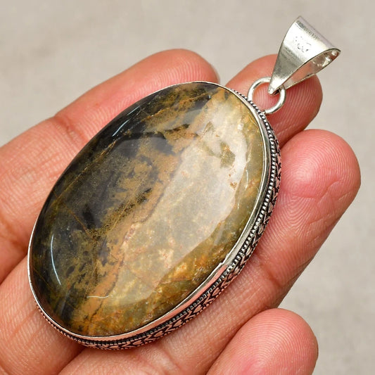Yellow Moss Agate Gemstone Sterling Silver Handmade Jewelry Pendant