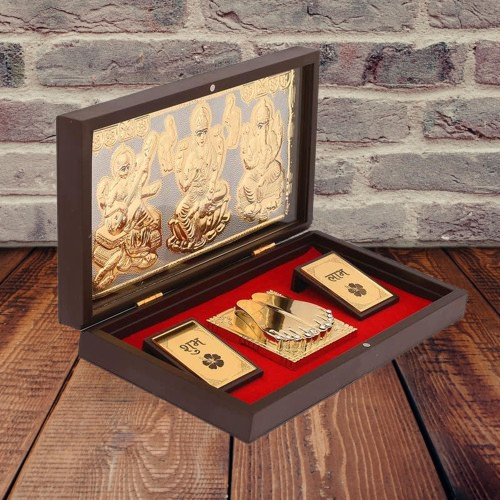 Plated Laxmi Ganesh Saraswati Charan Paduka Pocket Temple