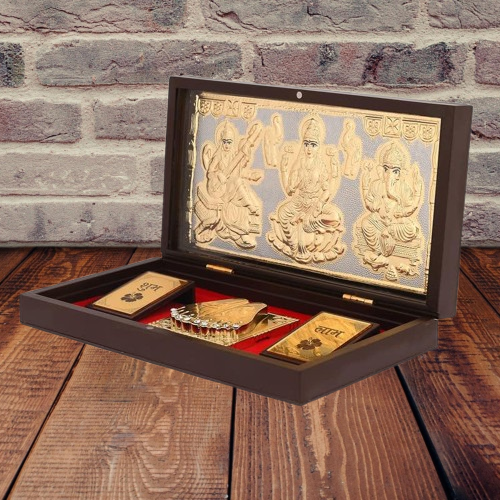 Plated Laxmi Ganesh Saraswati Charan Paduka Pocket Temple