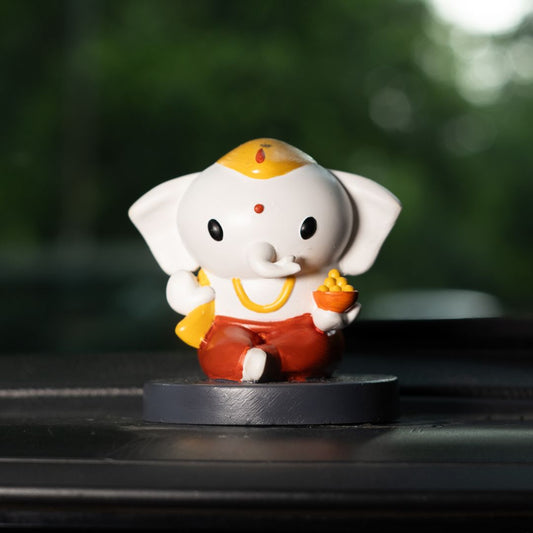 Cute Bal Ganesh with Modak Idol For Home Temple, Car Dashboard, Gifting & Decor