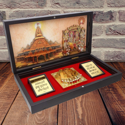 Gold Plated Shree Ram Darbar Idol Ayodhya Mandir Frame Charan Paduka Box