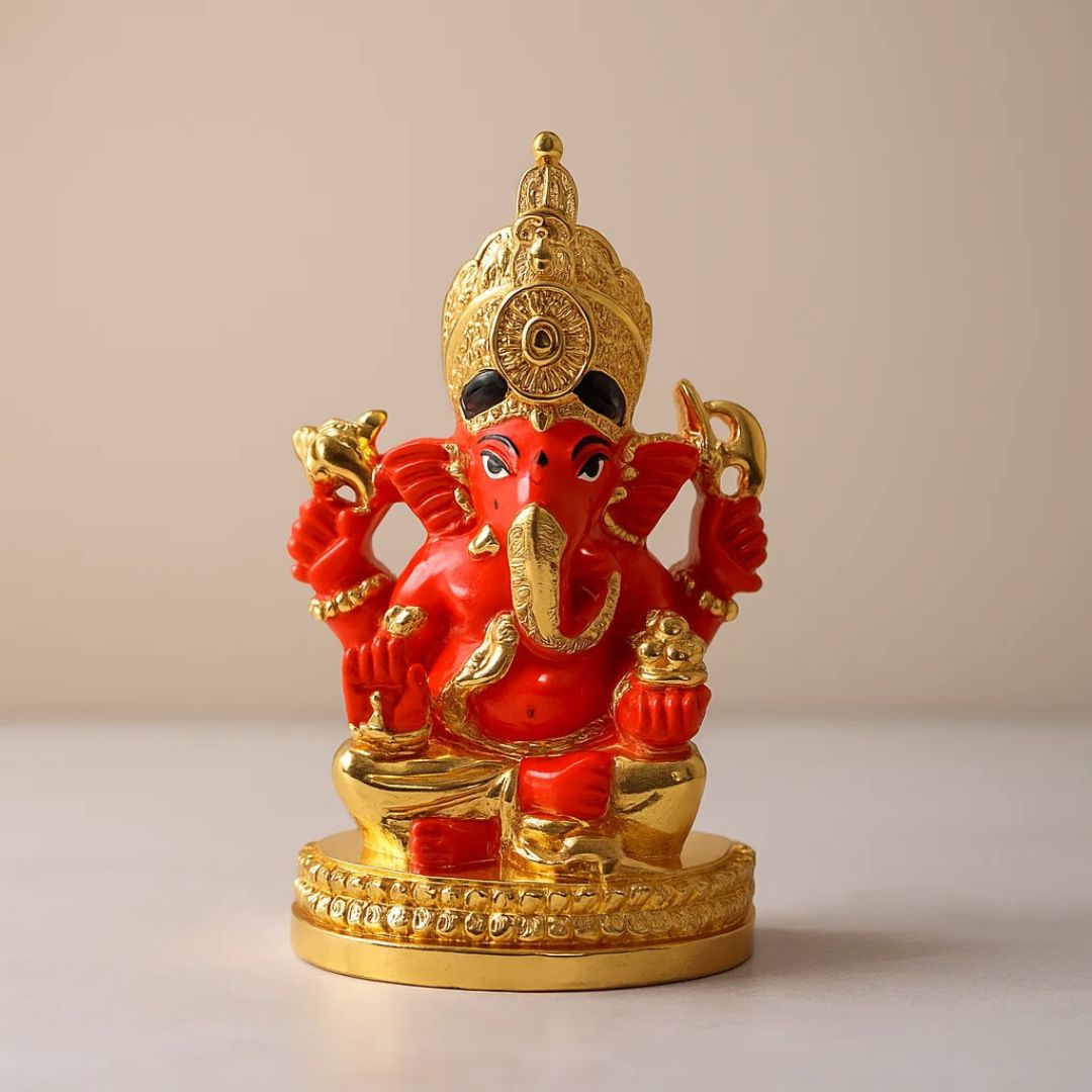 Gold Plated Red Ganesh Ji Murti For Pooja, Car Dashboard and Gifting
