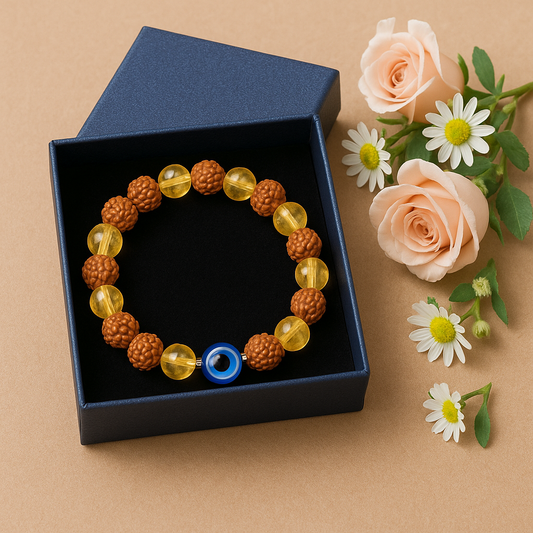 Rudraksha and Citrine Gemstone Beaded Bracelet For Unisex Adult with Evil Eye