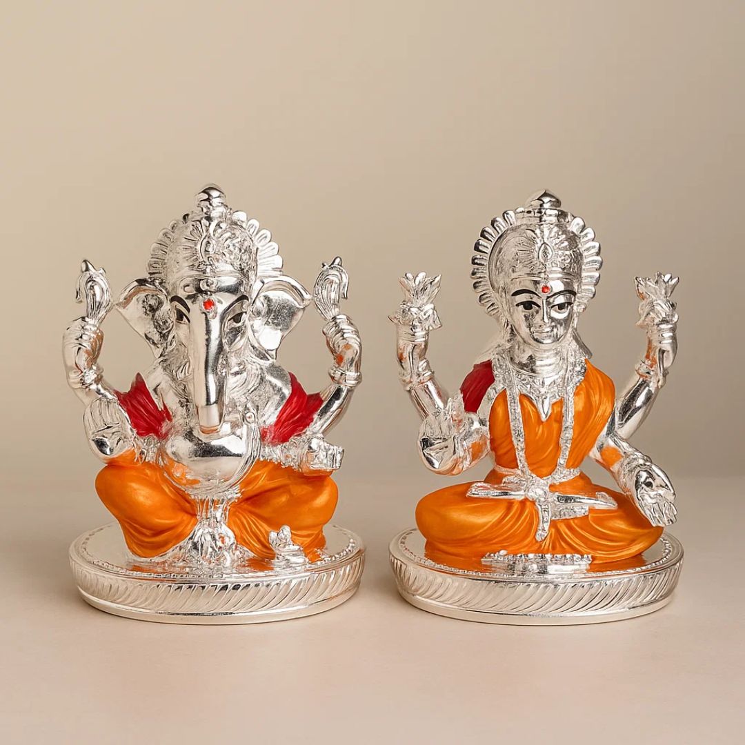 Silver Plated Laxmi Ganesha Idol For Pooja, Car Dashboard and Gifting