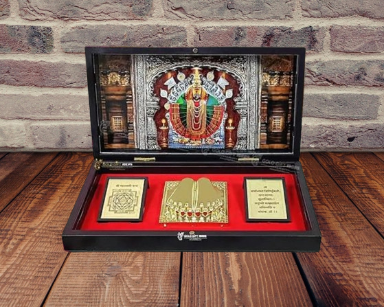 24K Gold Plated Kolhapur Mahalaxmi Photo Frame with Charan Paduka Pocket Temple