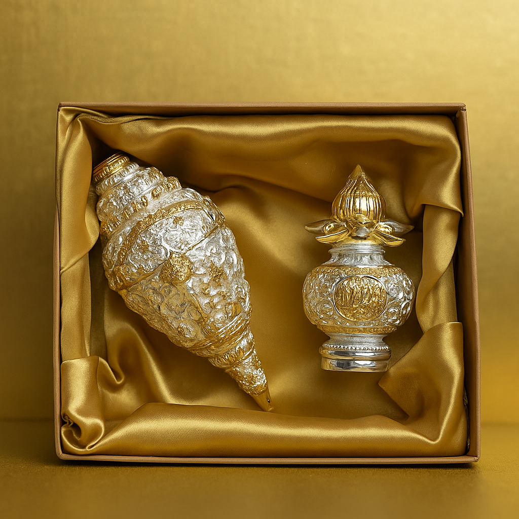 Silver-plated Shankh and Kalash set | Hindu pooja shankh kalash combo