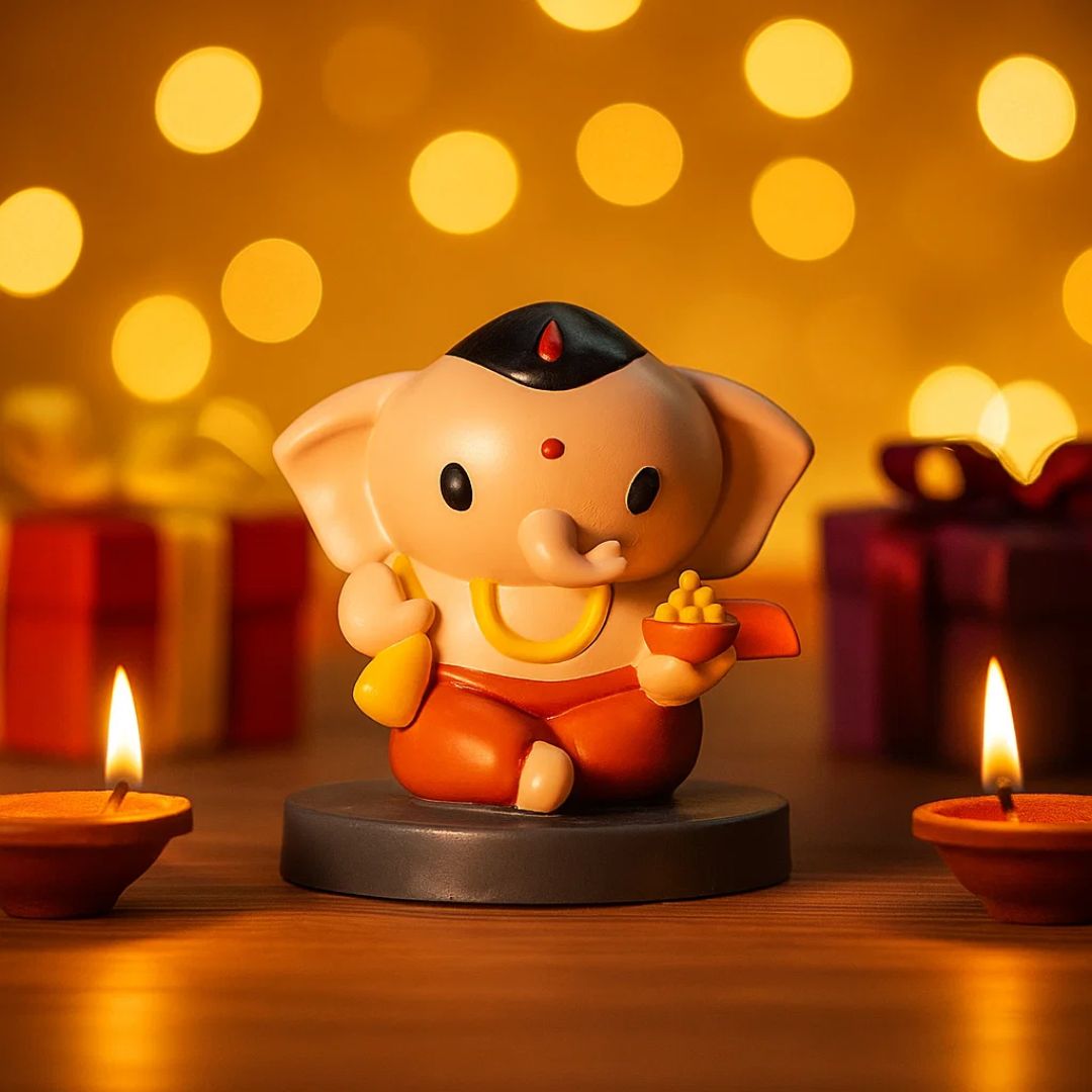 Cute Bal Ganesh with Modak Idol For Home Temple, Car Dashboard, Gifting & Decor