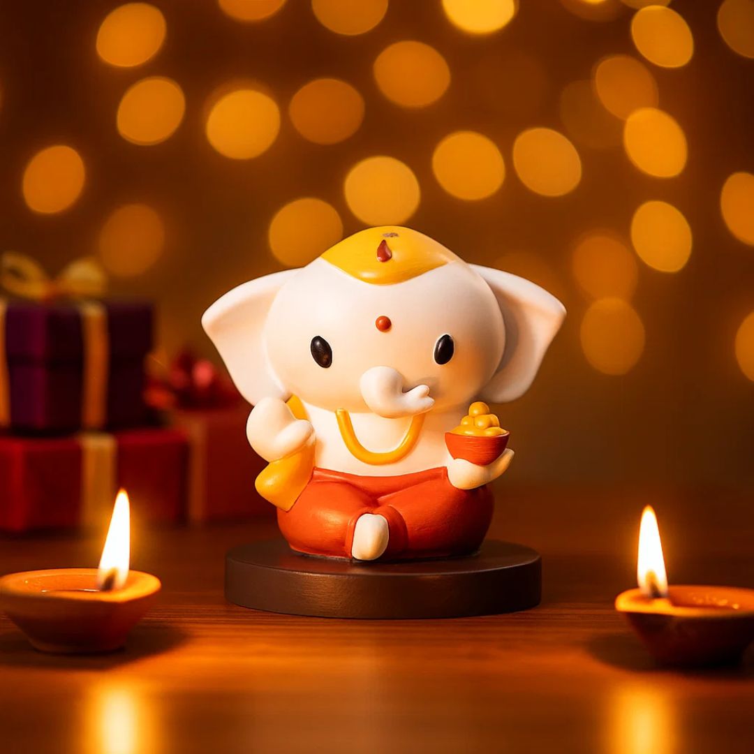 Cute Bal Ganesh with Modak Idol For Home Temple, Car Dashboard, Gifting & Decor