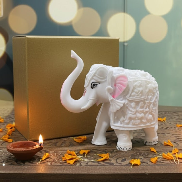 White Elephant Idol For Pooja, Vastu & Gift, Home Temple Décor ( Pack of 2 ) Design 1