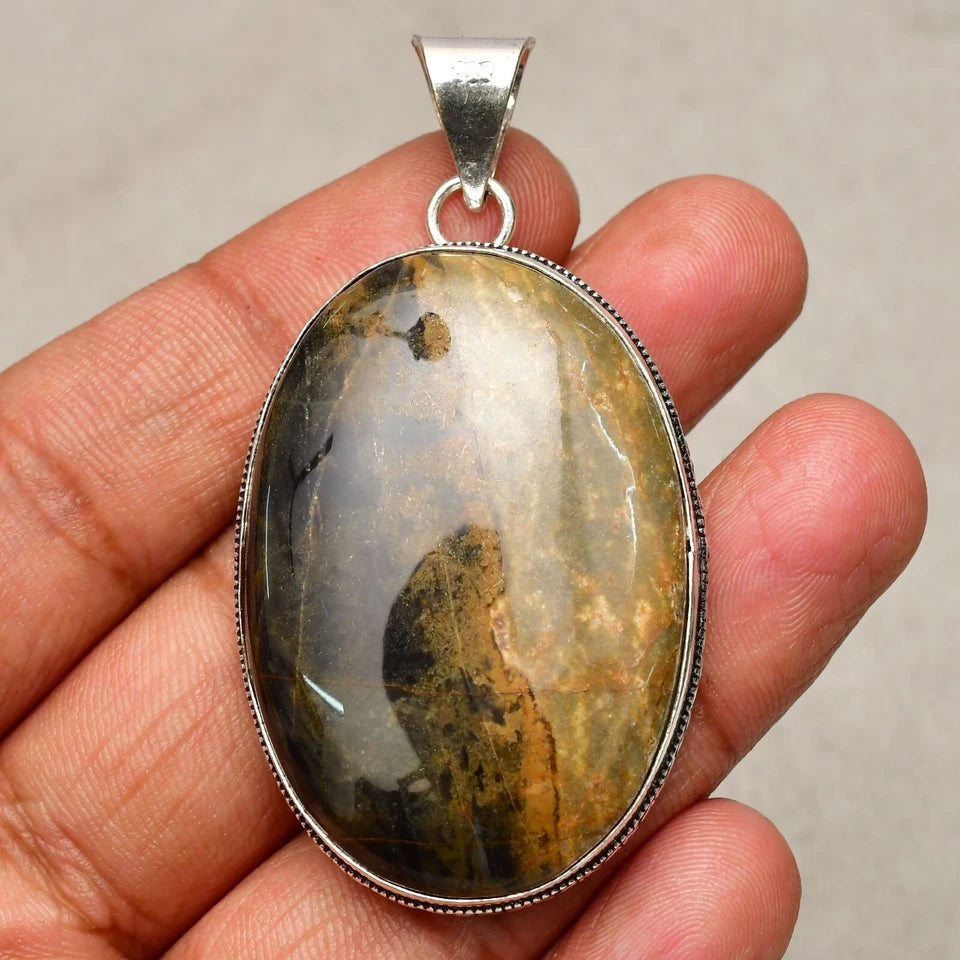 Yellow Moss Agate Gemstone Sterling Silver Handmade Jewelry Pendant
