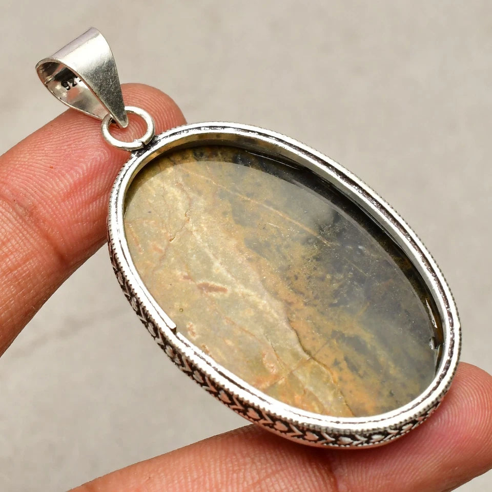 Yellow Moss Agate Gemstone Sterling Silver Handmade Jewelry Pendant