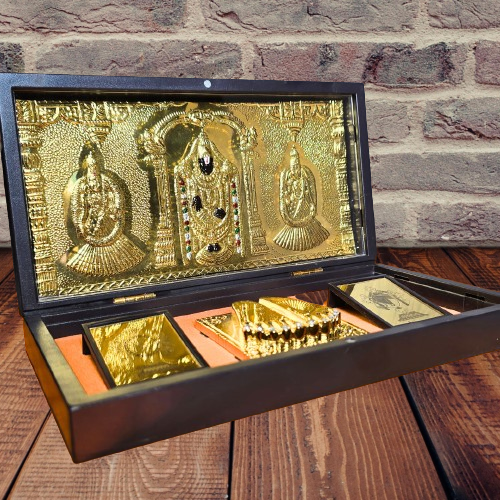 Tirupati Balaji Pocket Temple | Balaji Pocket Temple Box with Charan Paduka (Rectangle Shape & Gold Plated)