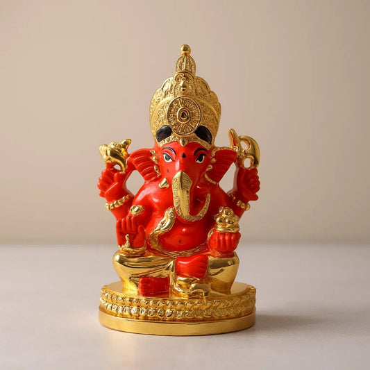 Gold Plated Red Ganesh Ji Murti For Pooja, Car Dashboard and Gifting