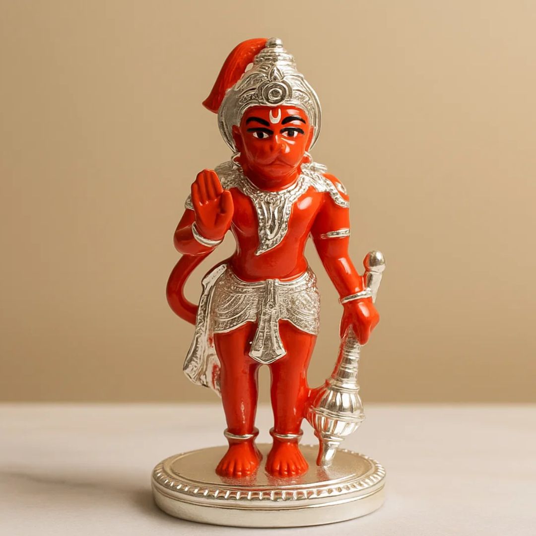 Gold & Silver Plated Red Hanuman Ji Murti with Gada For Pooja, Car Dashboard and Gifting