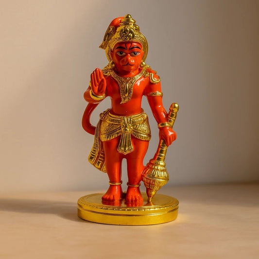 Gold & Silver Plated Red Hanuman Ji Murti with Gada For Pooja, Car Dashboard and Gifting