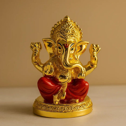 Gold & Silver Plated Shri Ganesh Red Idol For Pooja, Car Dashboard and Gifting