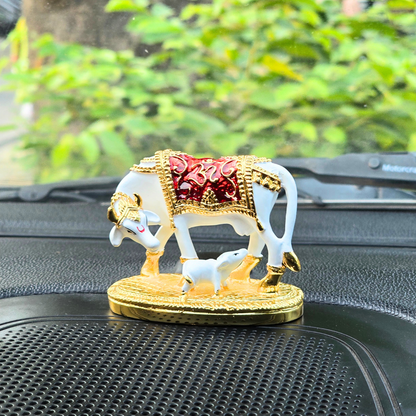 Gold Plated Kamdhenu Cow Idol, Kamdhenu Cow with Calf Statue 
