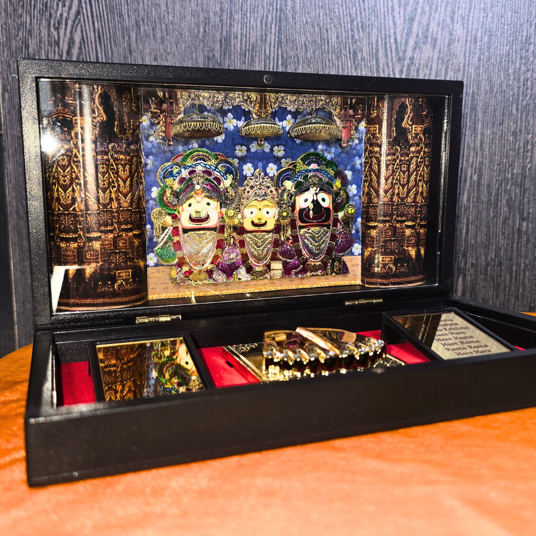 Jagannath Pocket Temple - Gold Coated | Jai Jagannatha Mini Pooja Box with Charan Paduka