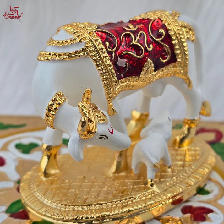 Gold Plated Kamdhenu Cow Idol | Kamdhenu Cow with Calf Statue |  Handcrafted Decorative Showpiece 
