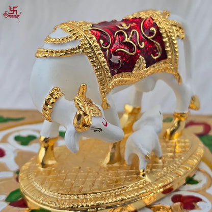 Gold Plated Kamdhenu Cow Idol | Kamdhenu Cow with Calf Statue |  Handcrafted Decorative Showpiece 
