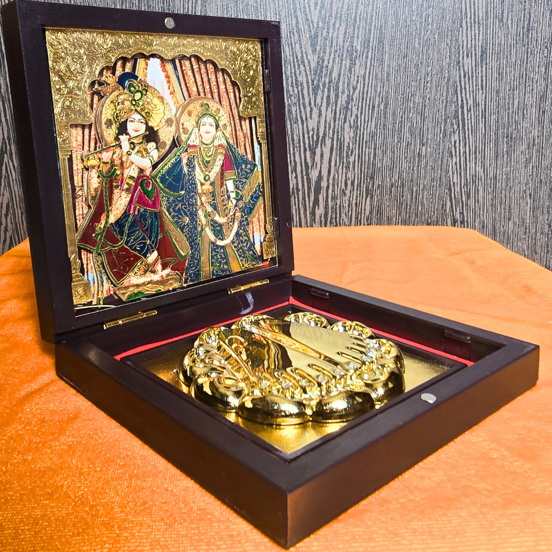 Shri Radha Shyam Pocket Temple | Banke Bihari with Radha ji | Mini Pooja Box (Gold Plated)