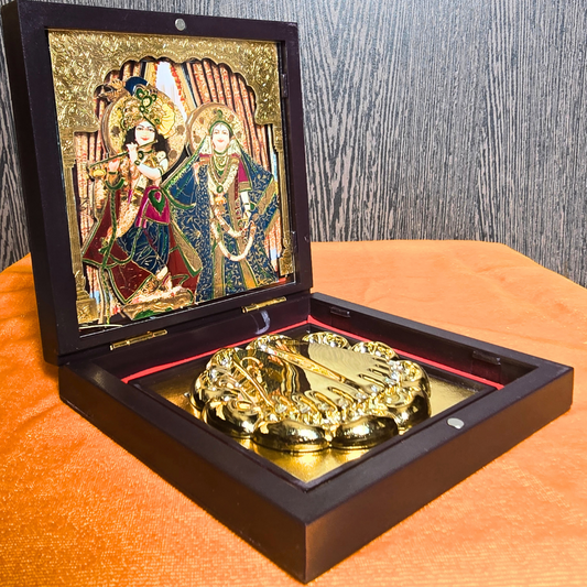 Shri Radha Shyam Pocket Temple | Banke Bihari with Radha ji | Mini Pooja Box (Gold Plated)