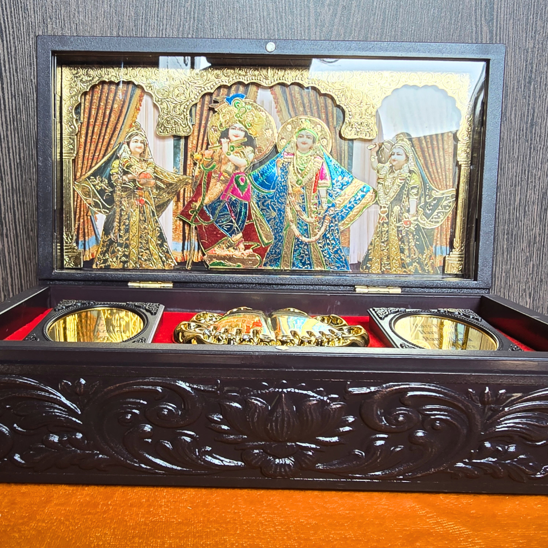 Shri Radha Shyam Pocket Temple | Banke Bihari with Radha ji | Mini Pooja Box (Gold Plated)