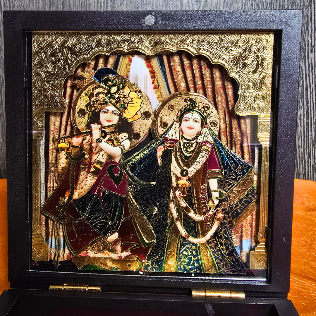 Shri Radha Shyam Pocket Temple | Banke Bihari with Radha ji | Mini Pooja Box (Gold Plated)