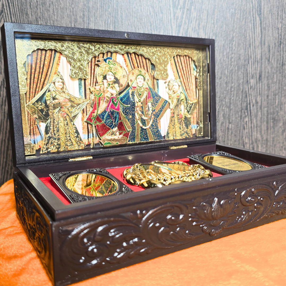Shri Radha Shyam Pocket Temple | Banke Bihari with Radha ji | Mini Pooja Box (Gold Plated)