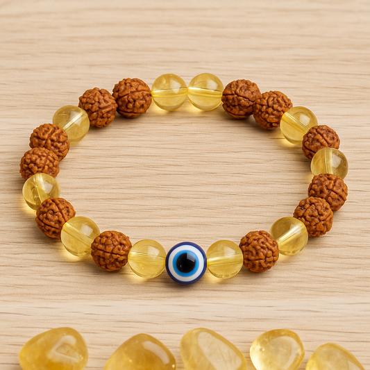 Rudraksha and Citrine Gemstone Beaded Bracelet For Unisex Adult with Evil Eye