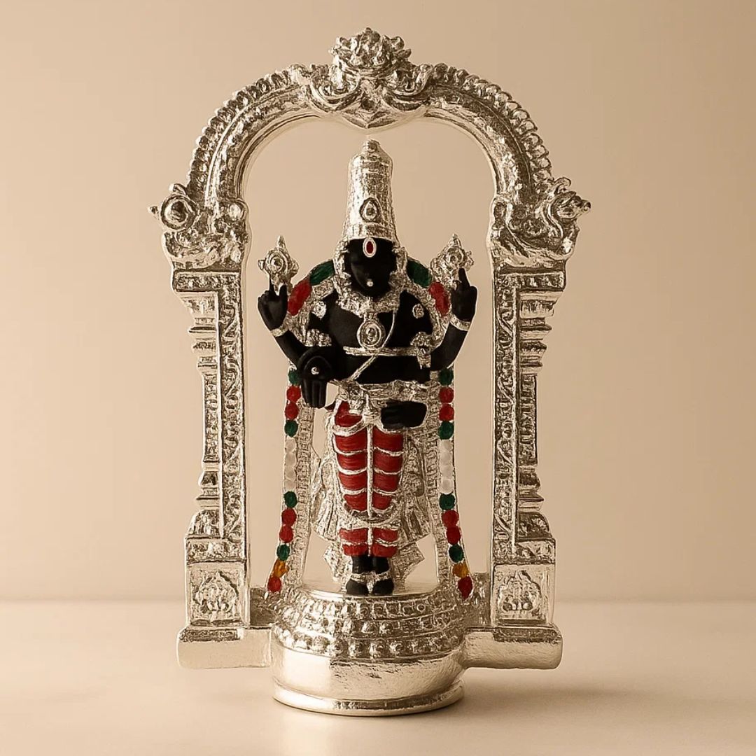 Silver Plated Lord Tirupati Balaji Idol Murti For Puja, Car Dashboard & Gifting