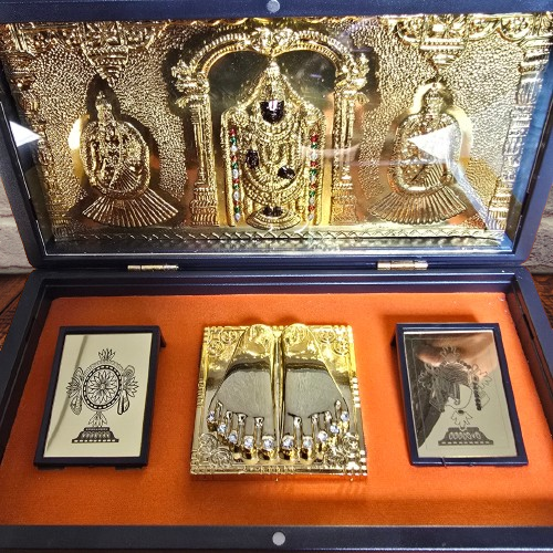 Tirupati Balaji Pocket Temple | Balaji Pocket Temple Box with Charan Paduka (Rectangle Shape & Gold Plated)