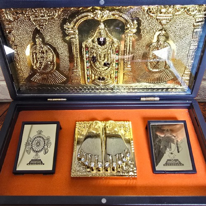 Tirupati Balaji Pocket Temple | Balaji Pocket Temple Box with Charan Paduka (Rectangle Shape & Gold Plated)
