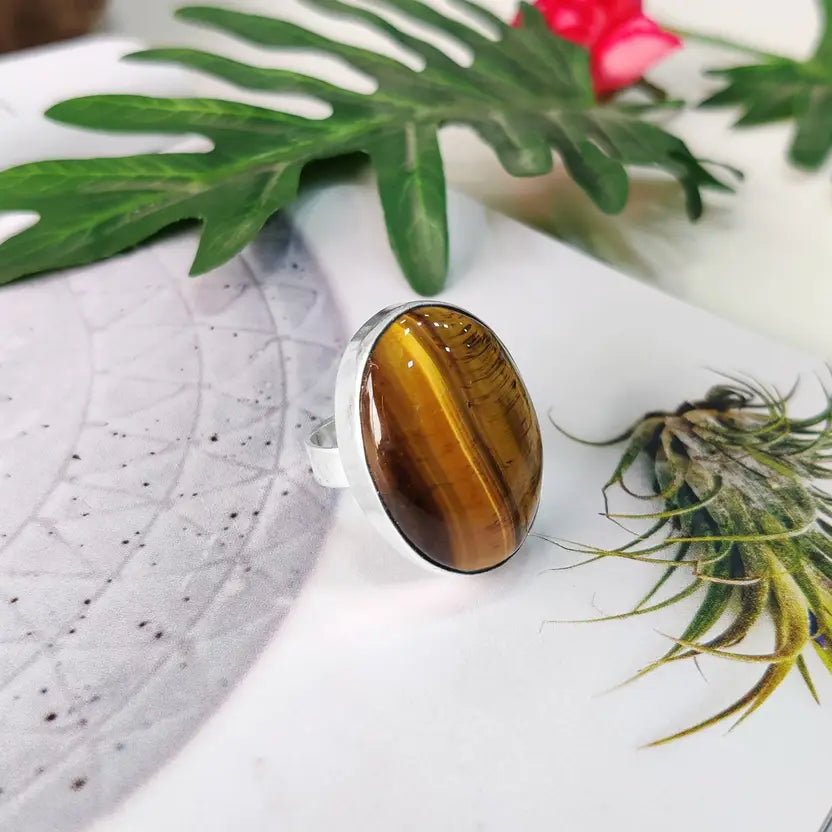 Natural Tiger Eye Oval Cut Gemstone Ring