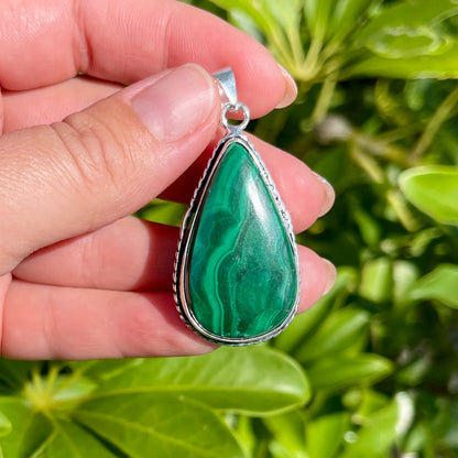 Green Malachite Pear Pendant Sterling Silver