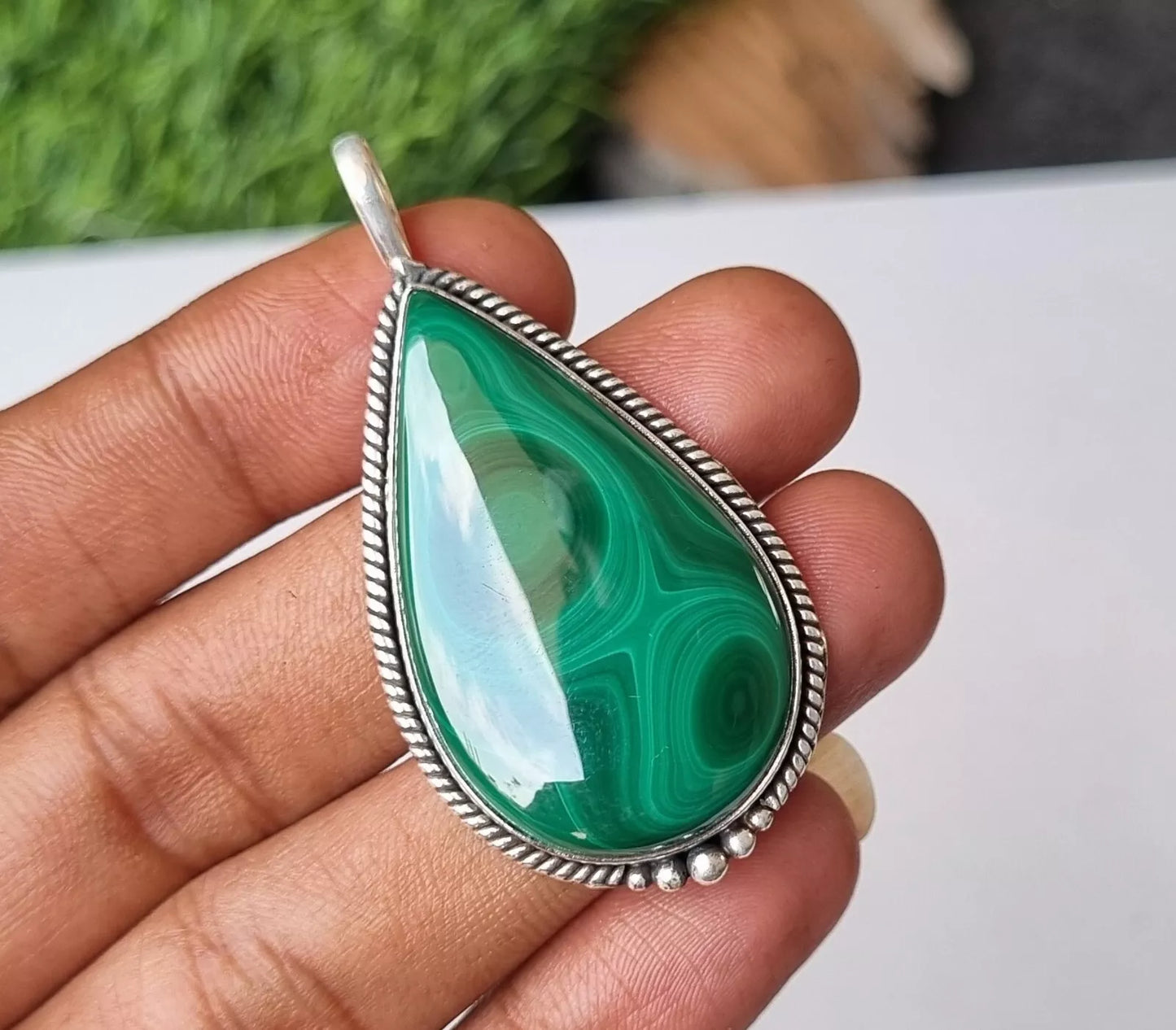 Green Malachite Pear Pendant Sterling Silver