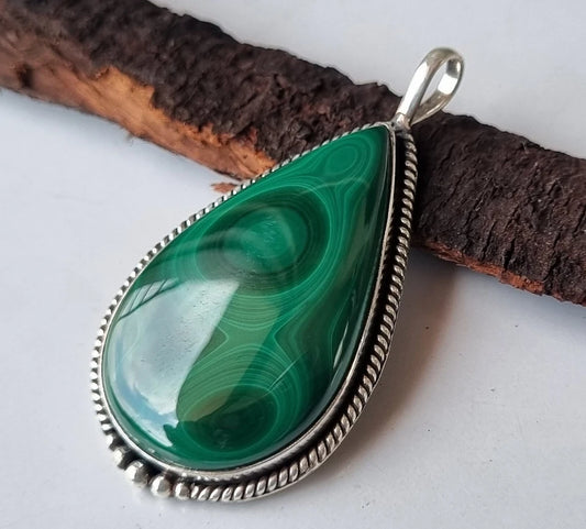 Green Malachite Pear Pendant Sterling Silver