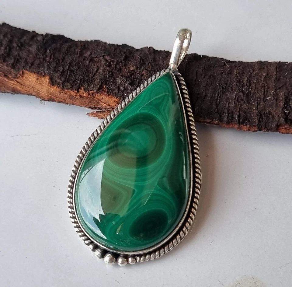 Green Malachite Pear Pendant Sterling Silver
